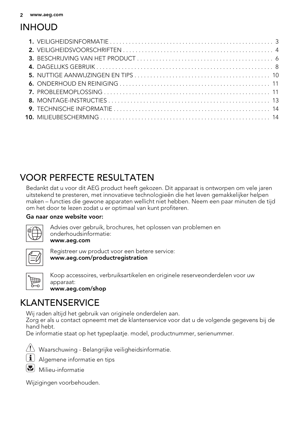 Inhoud, Voor perfecte resultaten, Klantenservice | AEG HE834080XB User Manual | Page 2 / 68