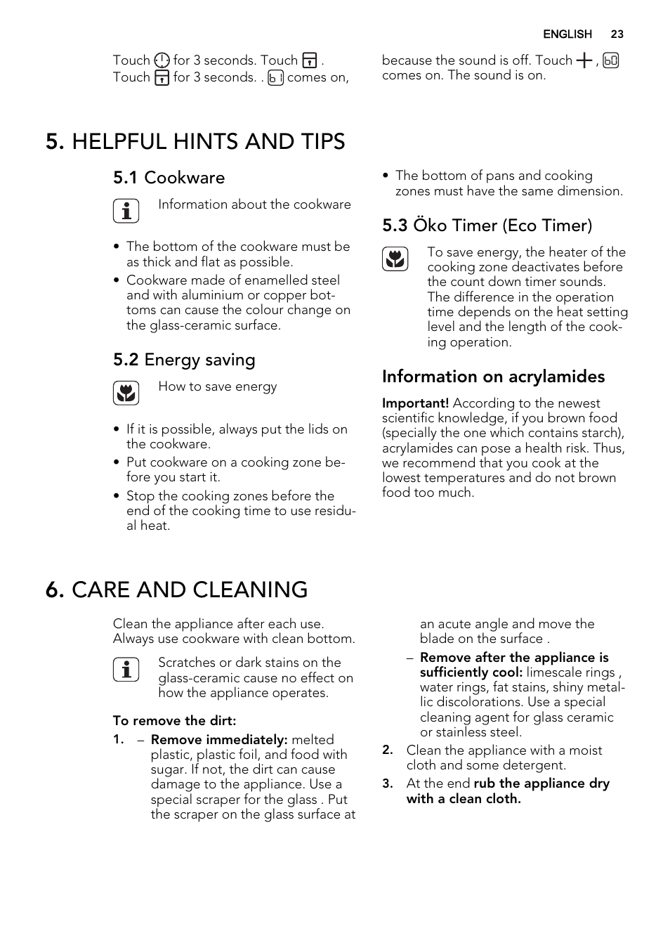 Helpful hints and tips, Care and cleaning, 1 cookware | 2 energy saving, 3 öko timer (eco timer), Information on acrylamides | AEG HE834080XB User Manual | Page 23 / 68