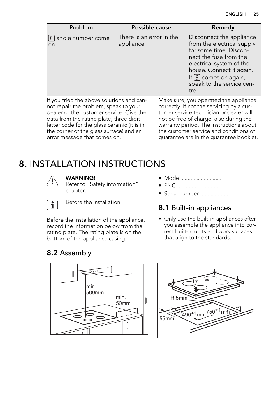 Installation instructions, 1 built-in appliances, 2 assembly | AEG HE834080XB User Manual | Page 25 / 68