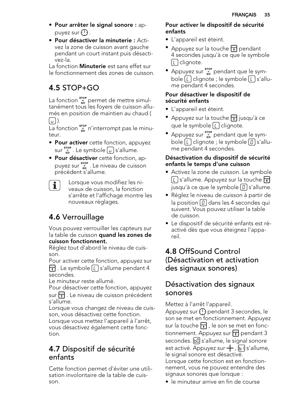 5 stop+go, 6 verrouillage, 7 dispositif de sécurité enfants | AEG HE834080XB User Manual | Page 35 / 68