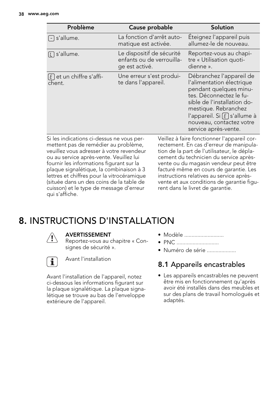 Instructions d'installation, 1 appareils encastrables | AEG HE834080XB User Manual | Page 38 / 68