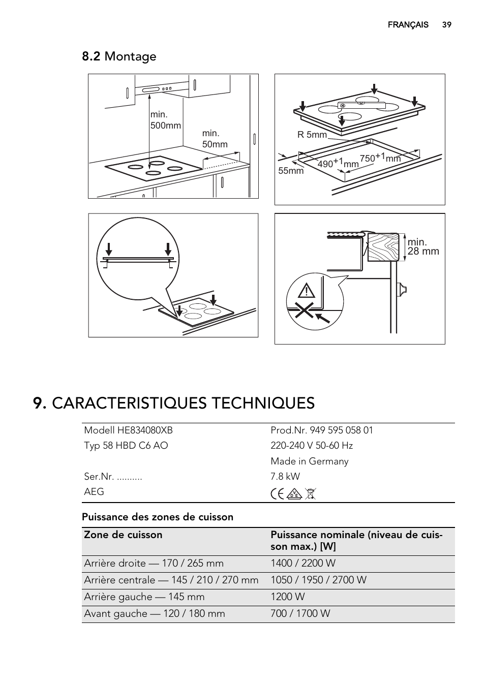 Caracteristiques techniques, 2 montage | AEG HE834080XB User Manual | Page 39 / 68