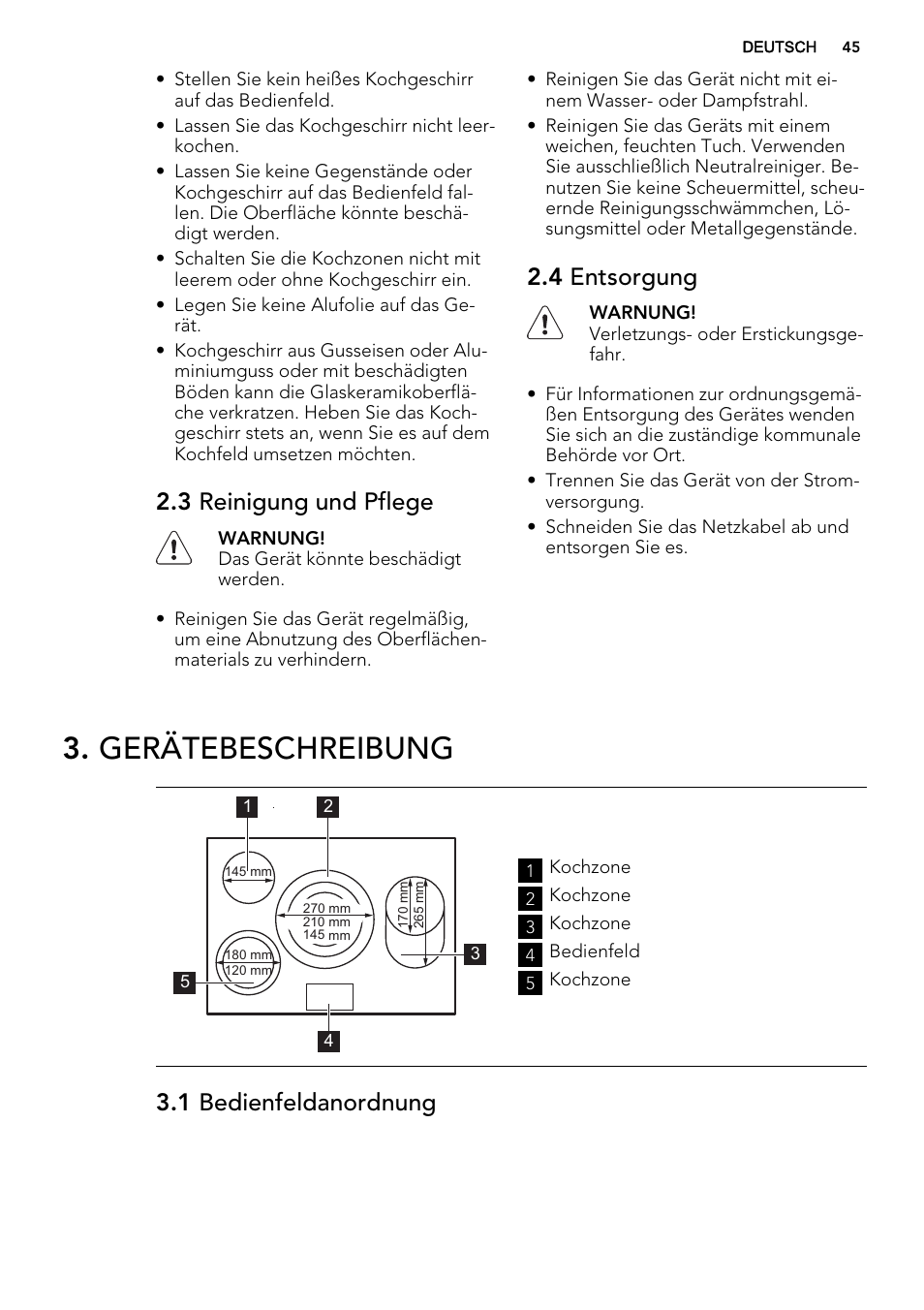 Gerätebeschreibung, 3 reinigung und pflege, 4 entsorgung | 1 bedienfeldanordnung | AEG HE834080XB User Manual | Page 45 / 68