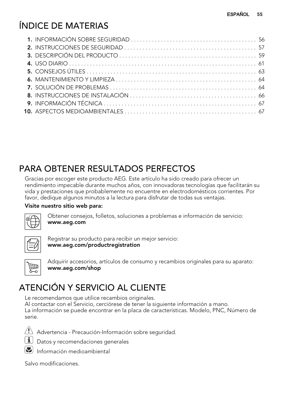 Índice de materias, Para obtener resultados perfectos, Atención y servicio al cliente | AEG HE834080XB User Manual | Page 55 / 68