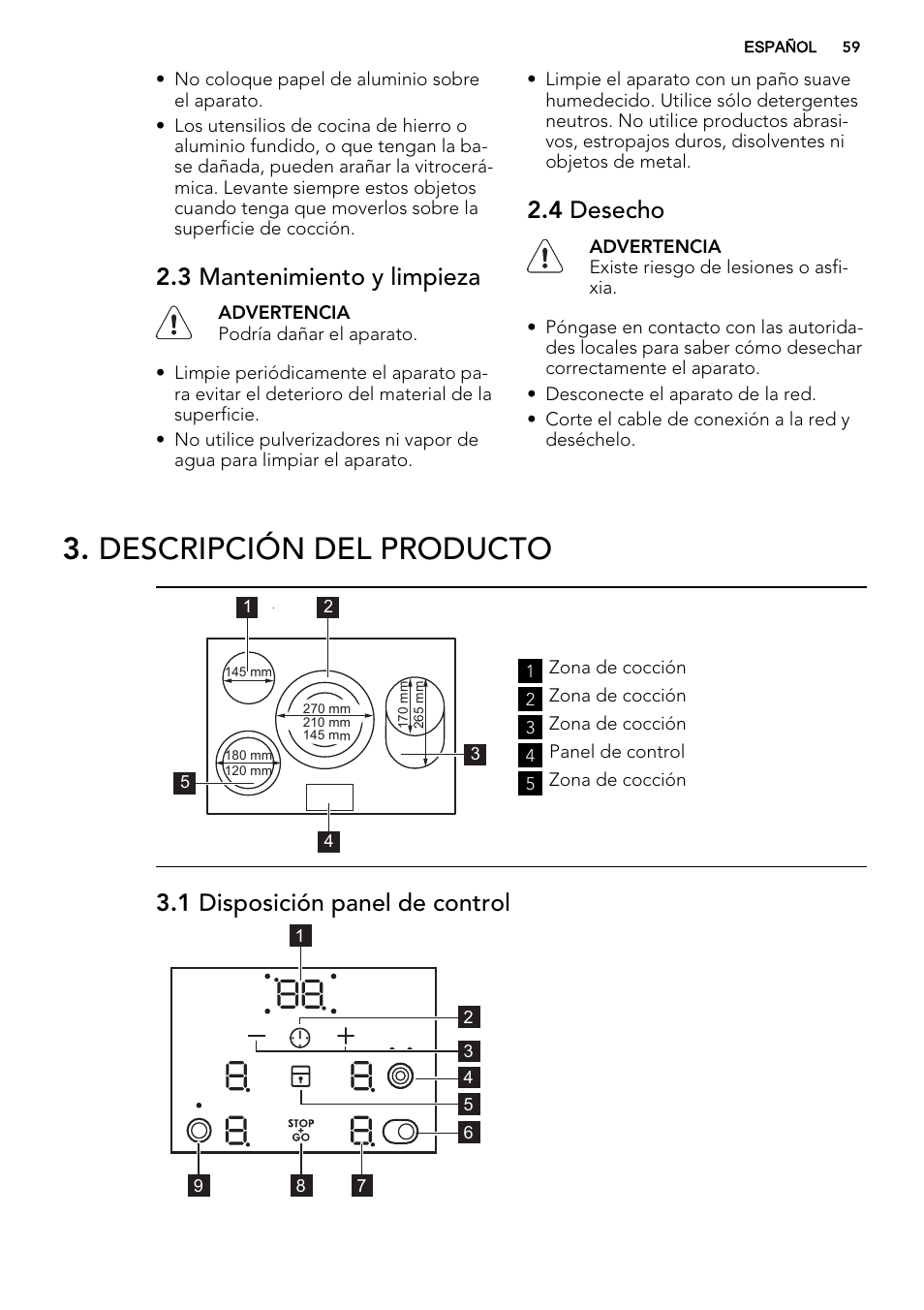 Descripción del producto, 3 mantenimiento y limpieza, 4 desecho | 1 disposición panel de control | AEG HE834080XB User Manual | Page 59 / 68