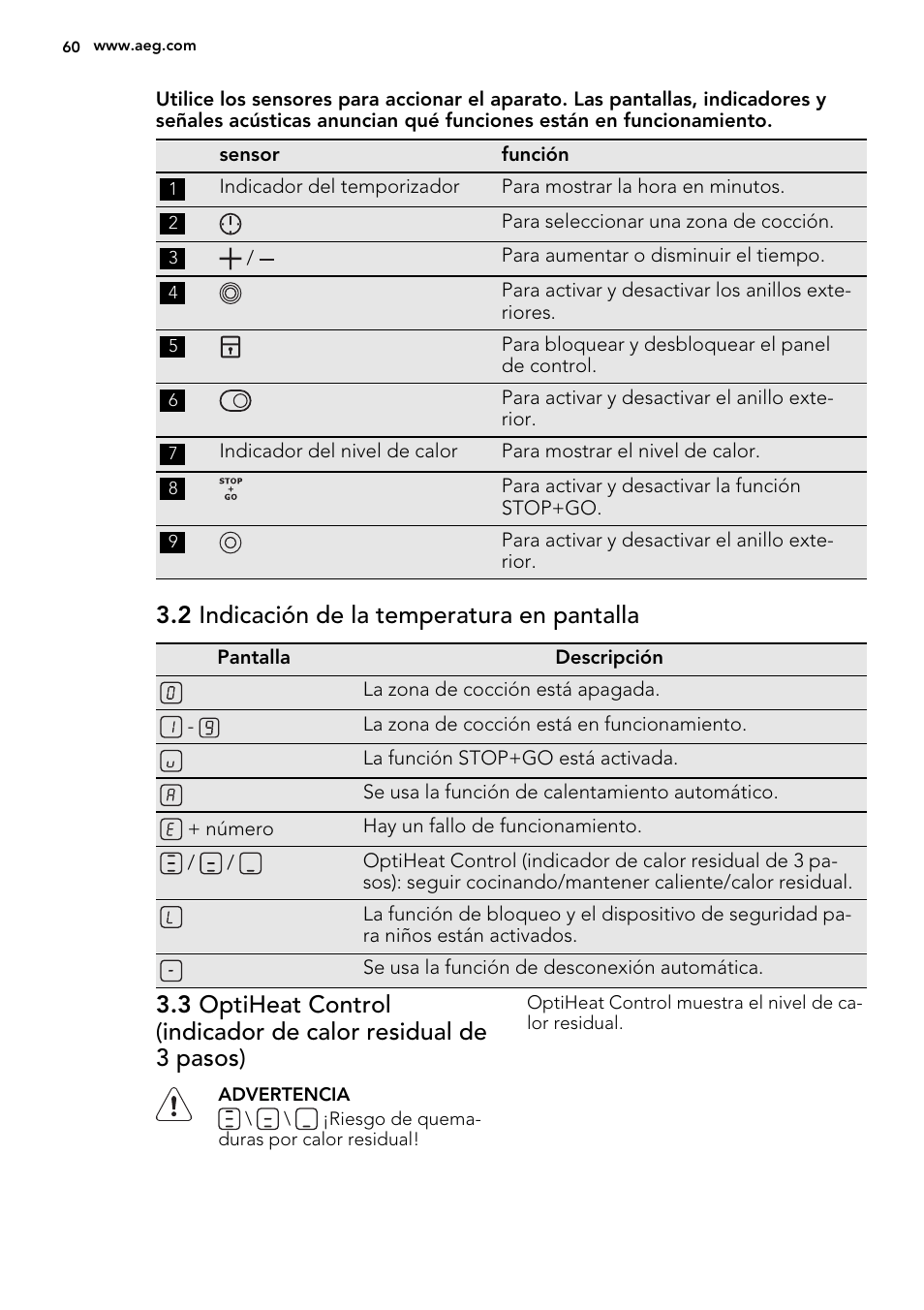 2 indicación de la temperatura en pantalla | AEG HE834080XB User Manual | Page 60 / 68