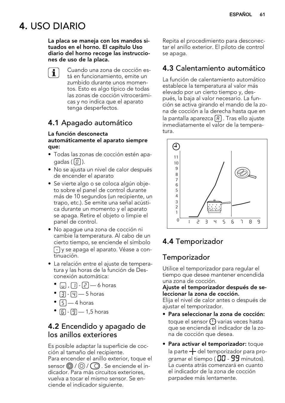 Uso diario, 1 apagado automático, 2 encendido y apagado de los anillos exteriores | 3 calentamiento automático, 4 temporizador temporizador | AEG HE834080XB User Manual | Page 61 / 68