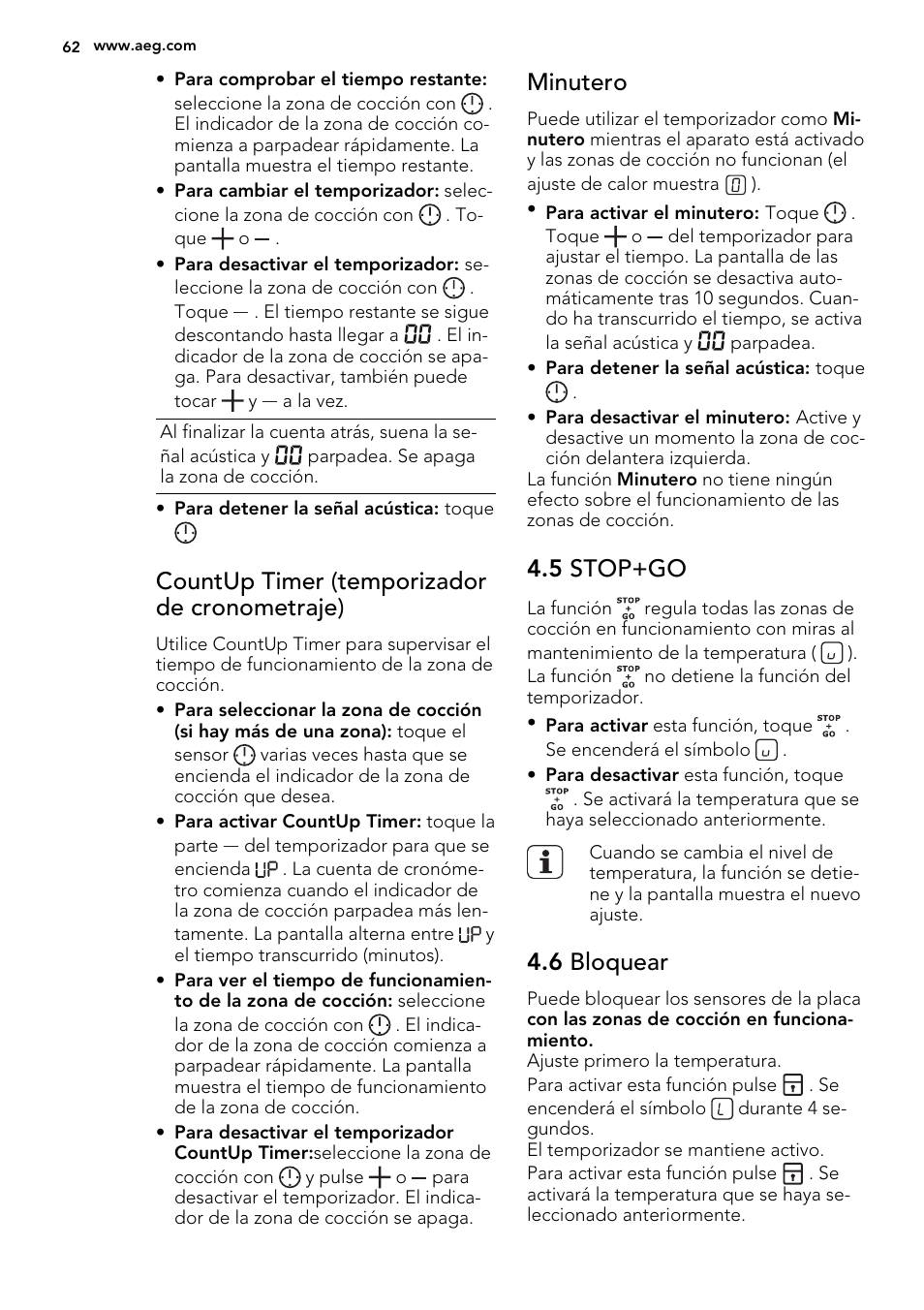 Countup timer (temporizador de cronometraje), Minutero, 5 stop+go | 6 bloquear | AEG HE834080XB User Manual | Page 62 / 68