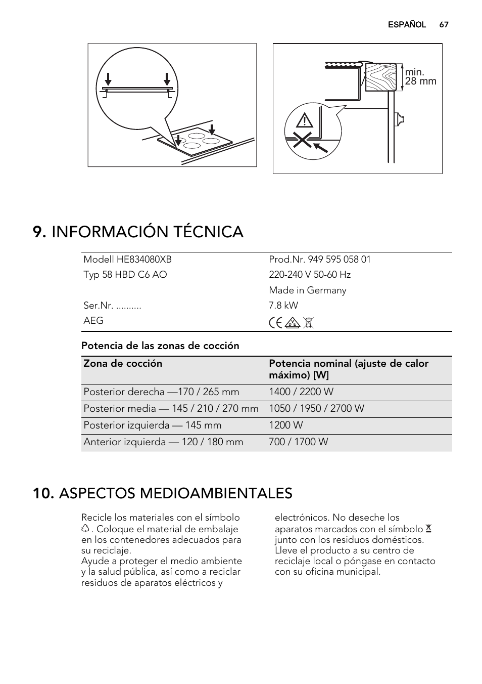Información técnica, Aspectos medioambientales | AEG HE834080XB User Manual | Page 67 / 68