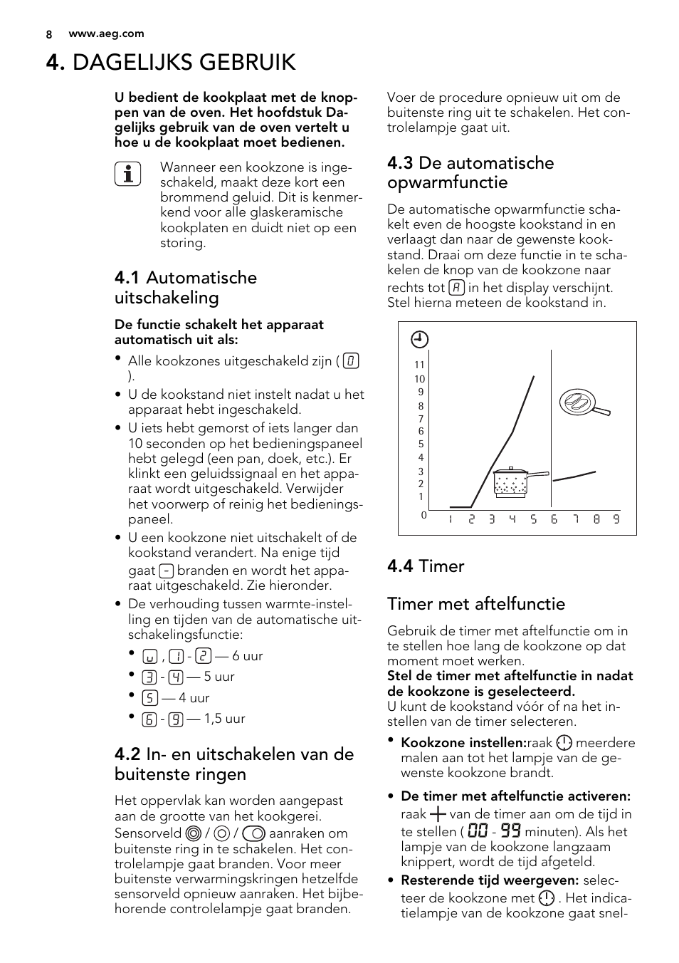 Dagelijks gebruik, 1 automatische uitschakeling, 2 in- en uitschakelen van de buitenste ringen | 3 de automatische opwarmfunctie, 4 timer timer met aftelfunctie | AEG HE834080XB User Manual | Page 8 / 68