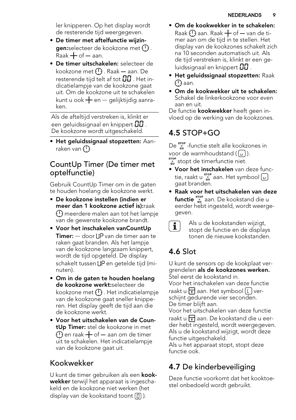 Countup timer (de timer met optelfunctie), Kookwekker, 5 stop+go | 6 slot, 7 de kinderbeveiliging | AEG HE834080XB User Manual | Page 9 / 68