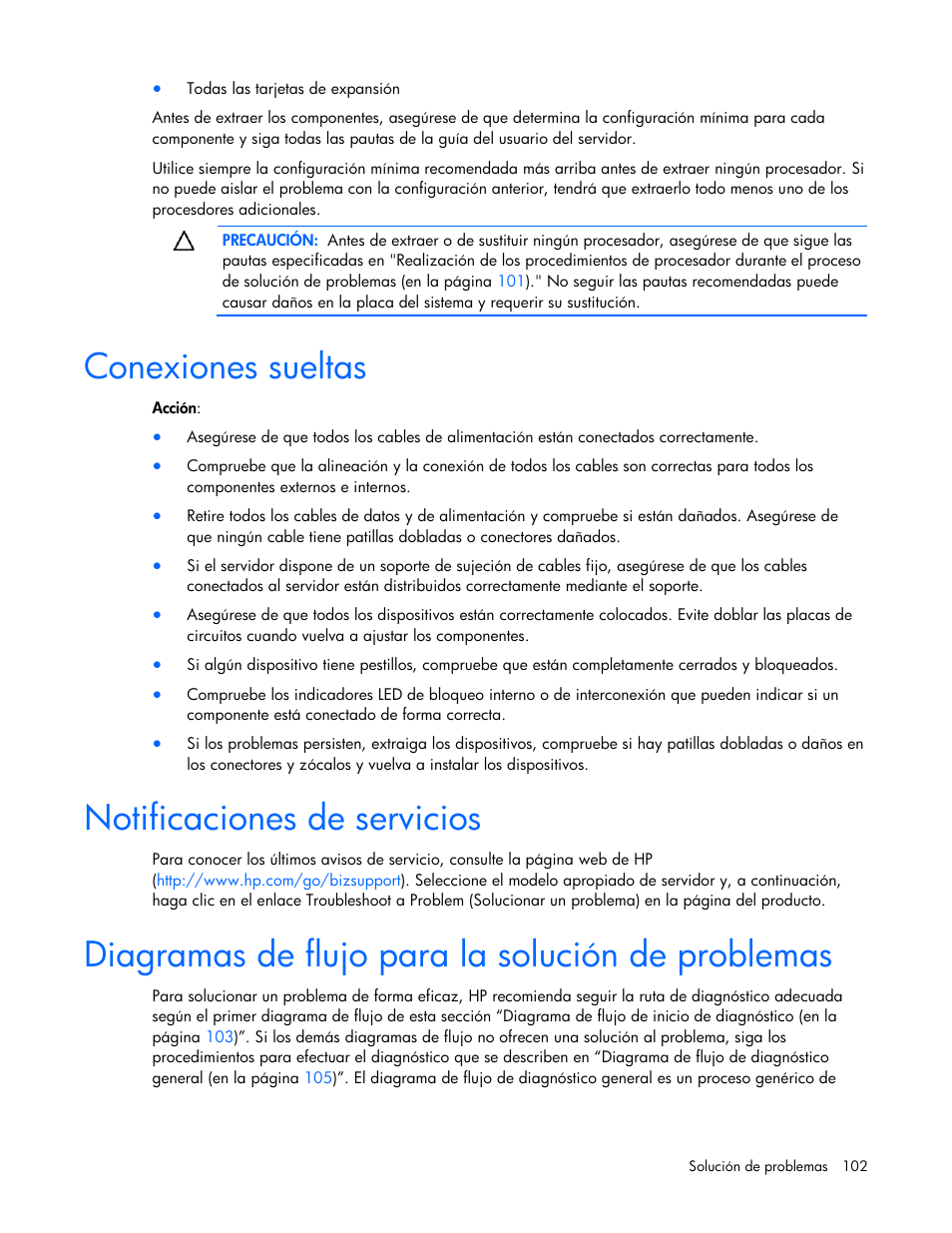 Conexiones sueltas, Notificaciones de servicios, Diagramas de flujo para la solución de problemas | HP Servidor HP ProLiant DL980 G7 User Manual | Page 102 / 143