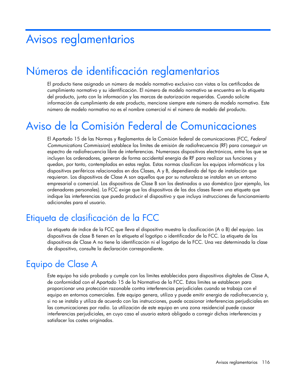 Avisos reglamentarios, Números de identificación reglamentarios, Aviso de la comisión federal de comunicaciones | Etiqueta de clasificación de la fcc, Equipo de clase a | HP Servidor HP ProLiant DL980 G7 User Manual | Page 116 / 143