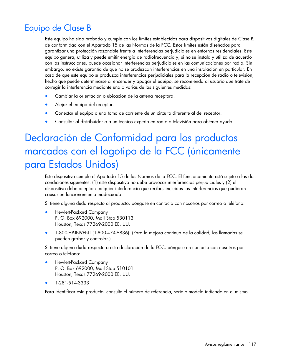 Equipo de clase b | HP Servidor HP ProLiant DL980 G7 User Manual | Page 117 / 143