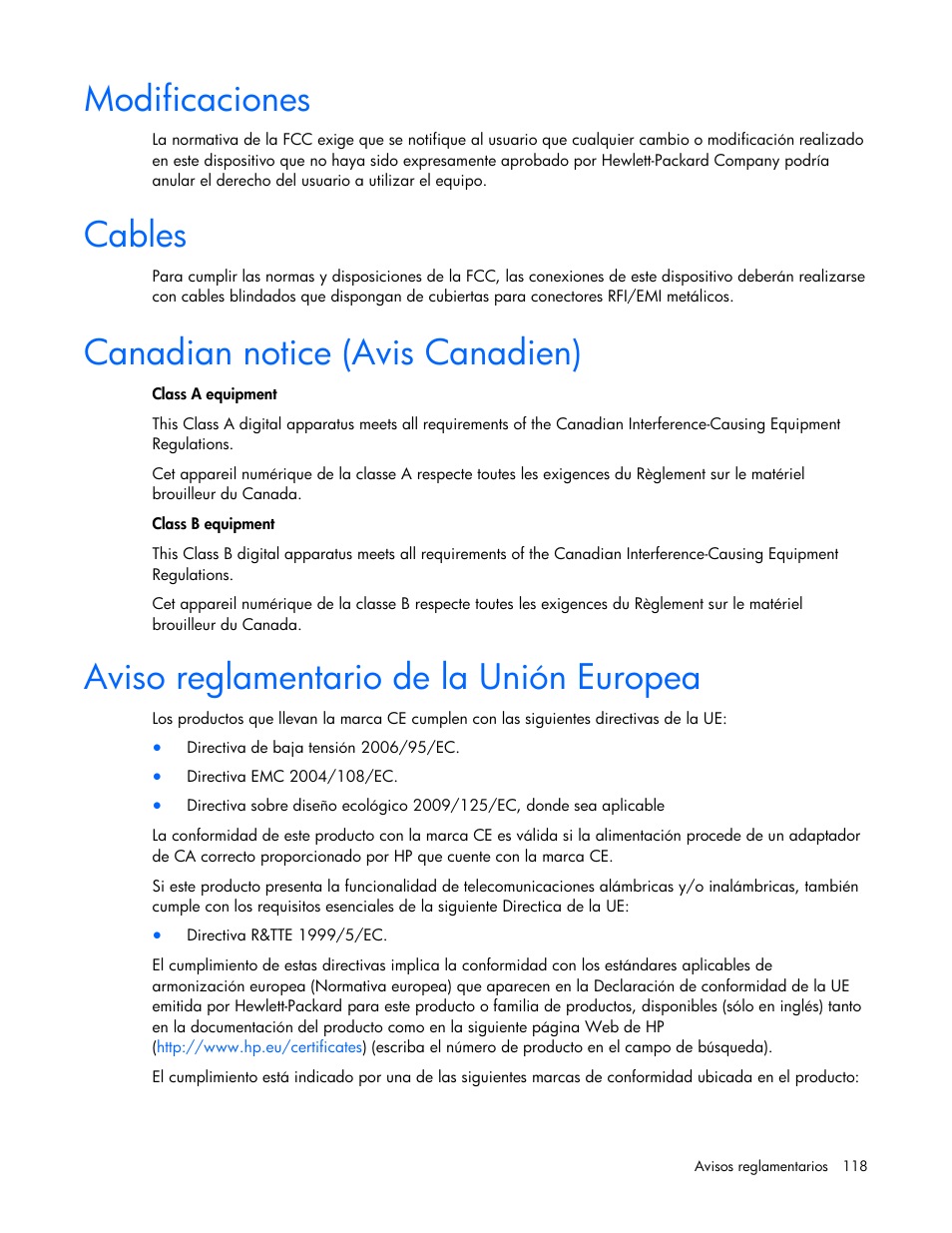 Modificaciones, Cables, Canadian notice (avis canadien) | Aviso reglamentario de la unión europea | HP Servidor HP ProLiant DL980 G7 User Manual | Page 118 / 143