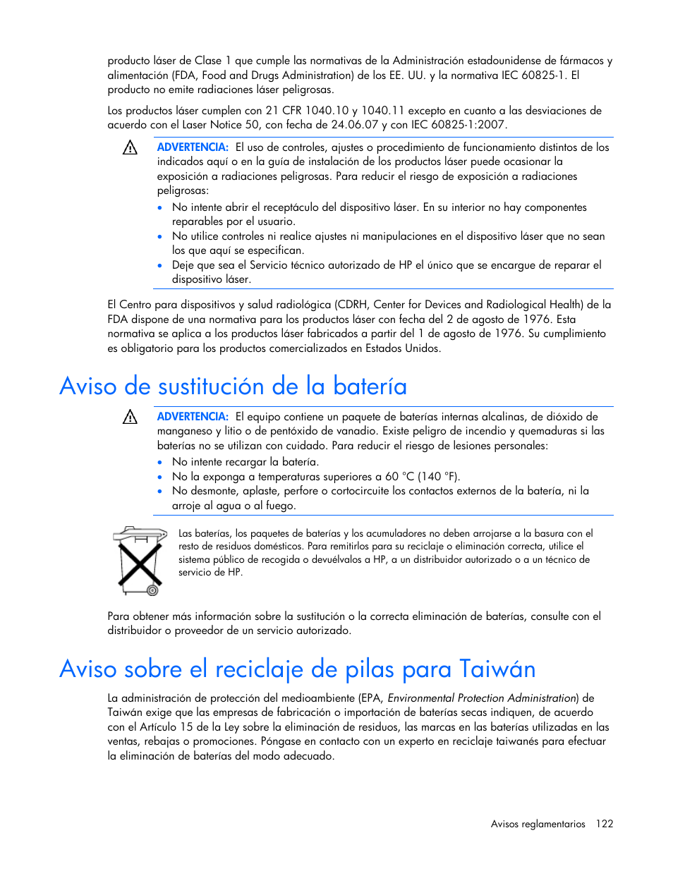 Aviso de sustitución de la batería, Aviso sobre el reciclaje de pilas para taiwán | HP Servidor HP ProLiant DL980 G7 User Manual | Page 122 / 143