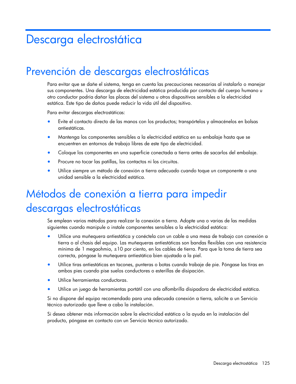 Descarga electrostática, Prevención de descargas electrostáticas | HP Servidor HP ProLiant DL980 G7 User Manual | Page 125 / 143