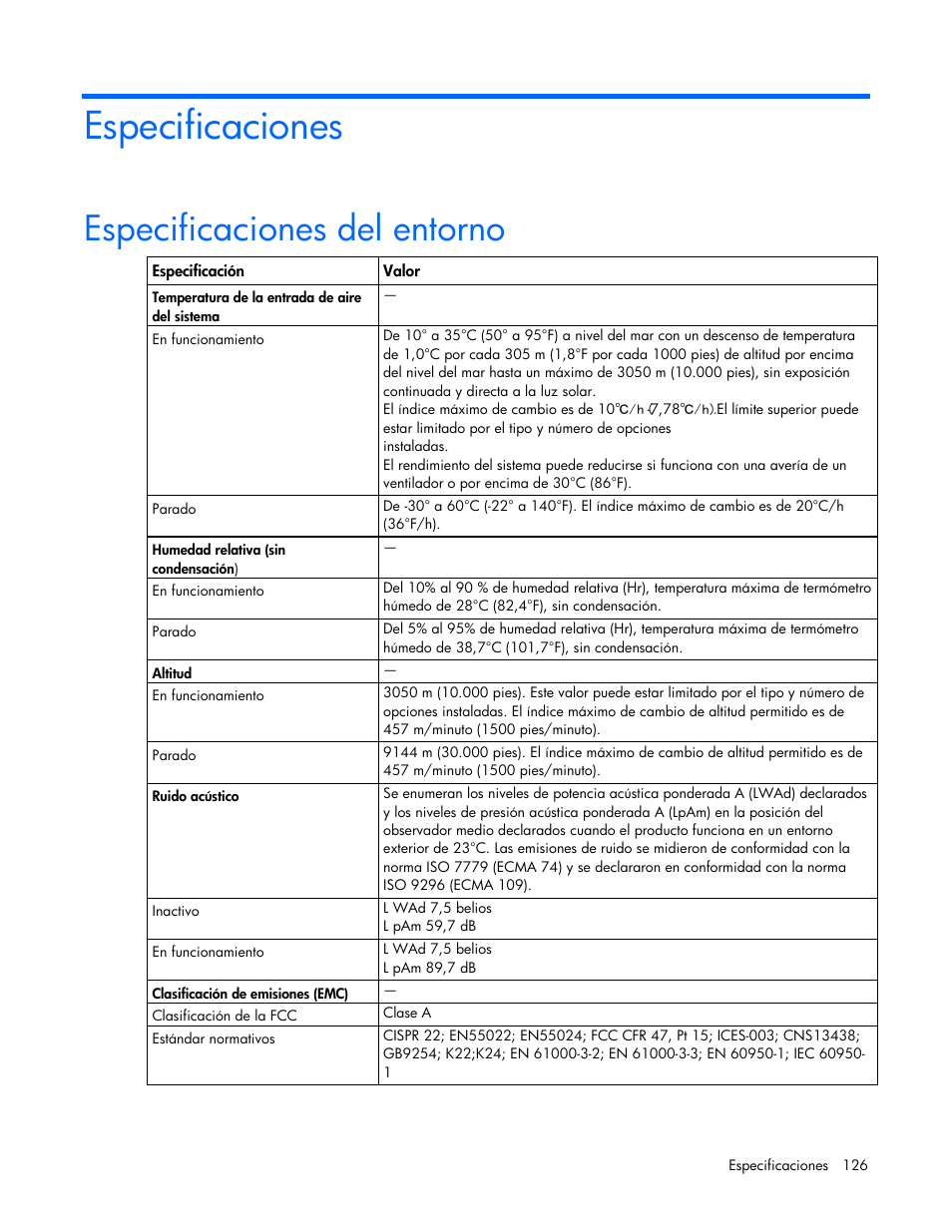 Especificaciones, Especificaciones del entorno | HP Servidor HP ProLiant DL980 G7 User Manual | Page 126 / 143