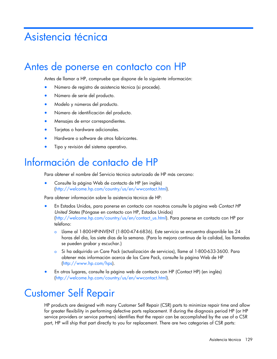 Asistencia técnica, Antes de ponerse en contacto con hp, Información de contacto de hp | Customer self repair | HP Servidor HP ProLiant DL980 G7 User Manual | Page 129 / 143