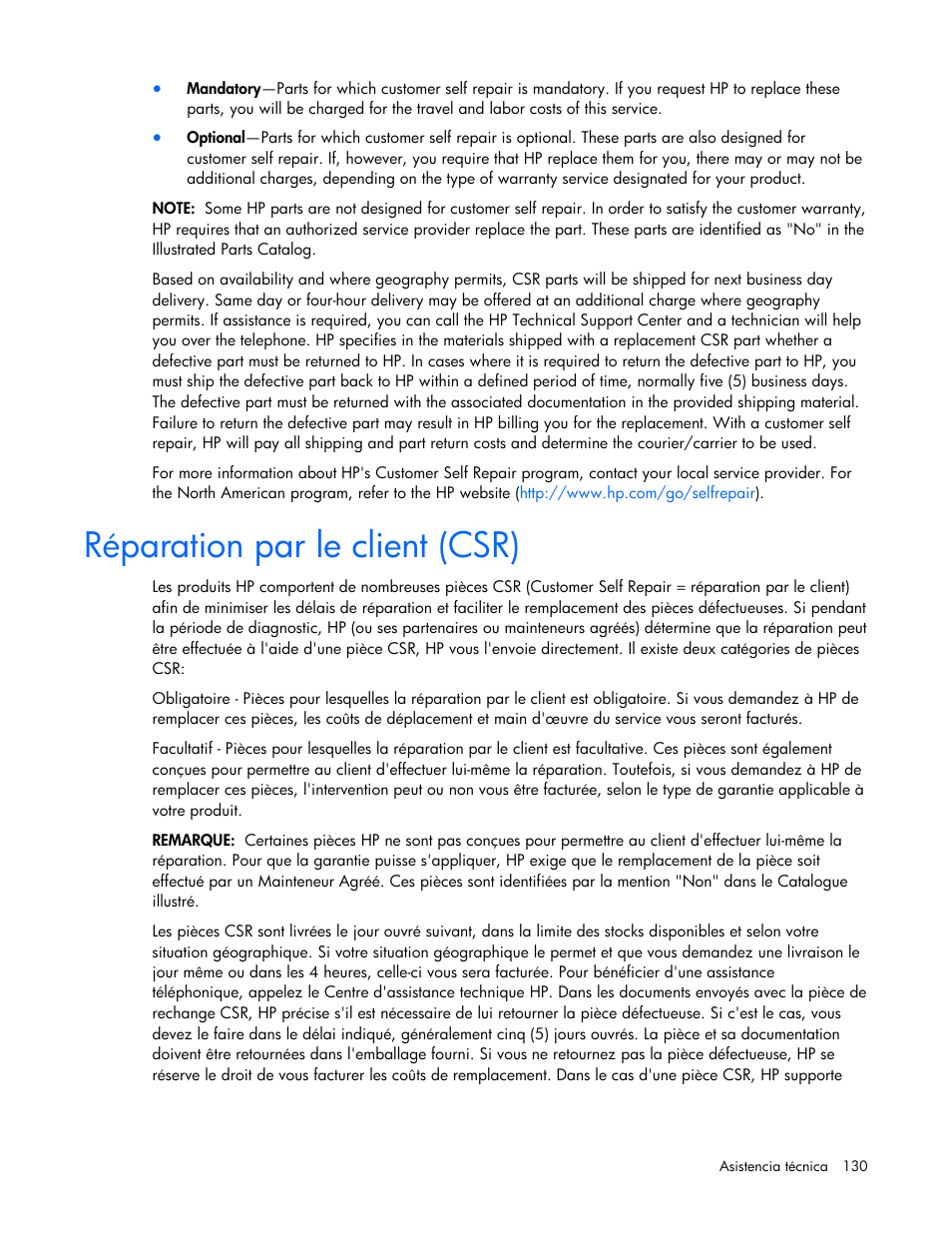 Réparation par le client (csr) | HP Servidor HP ProLiant DL980 G7 User Manual | Page 130 / 143