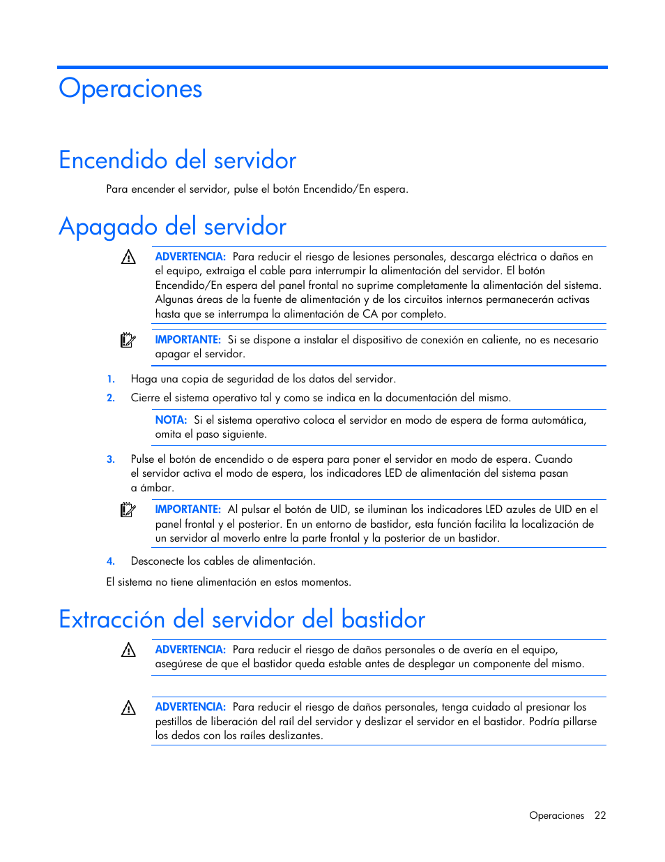 Operaciones, Encendido del servidor, Apagado del servidor | Extracción del servidor del bastidor | HP Servidor HP ProLiant DL980 G7 User Manual | Page 22 / 143