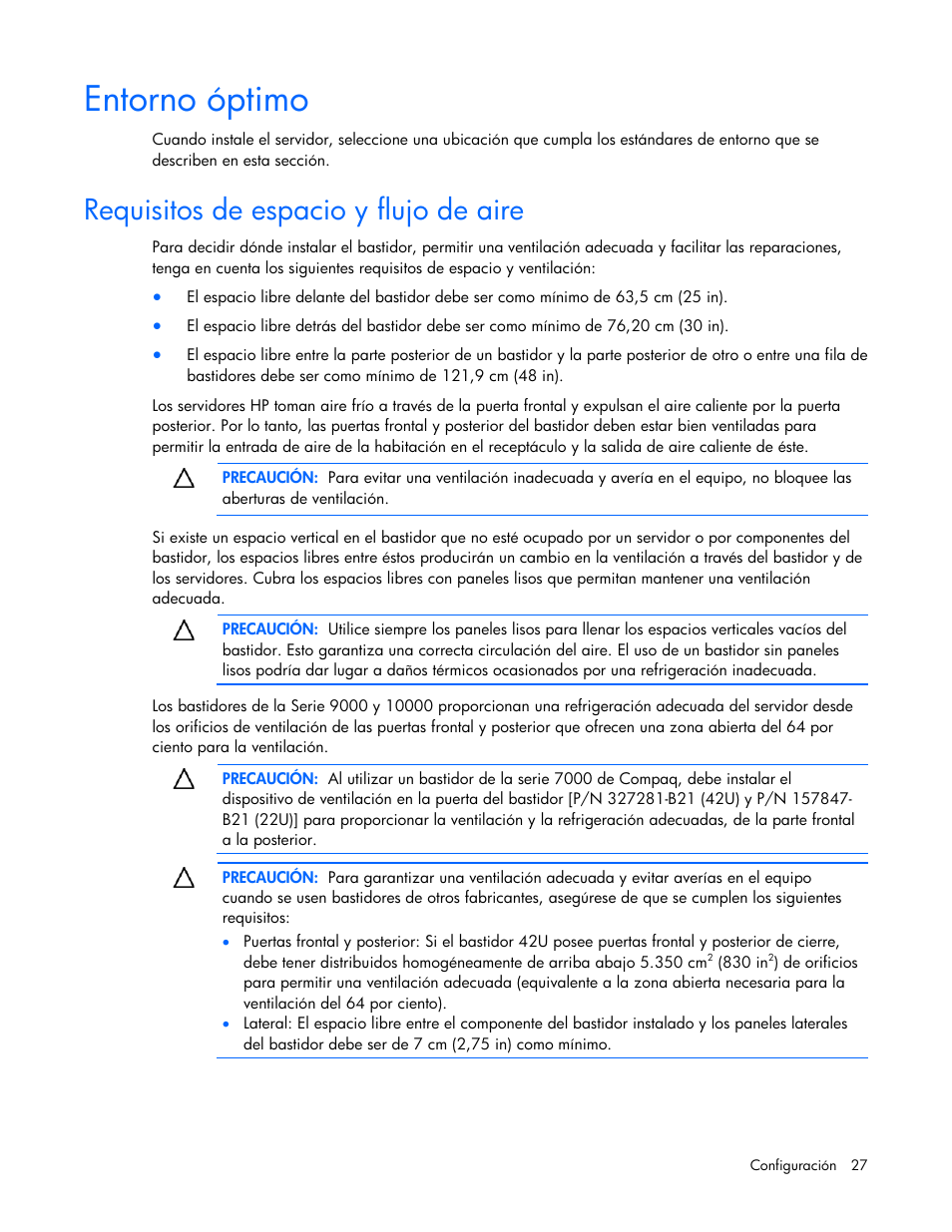 Entorno óptimo, Requisitos de espacio y flujo de aire | HP Servidor HP ProLiant DL980 G7 User Manual | Page 27 / 143