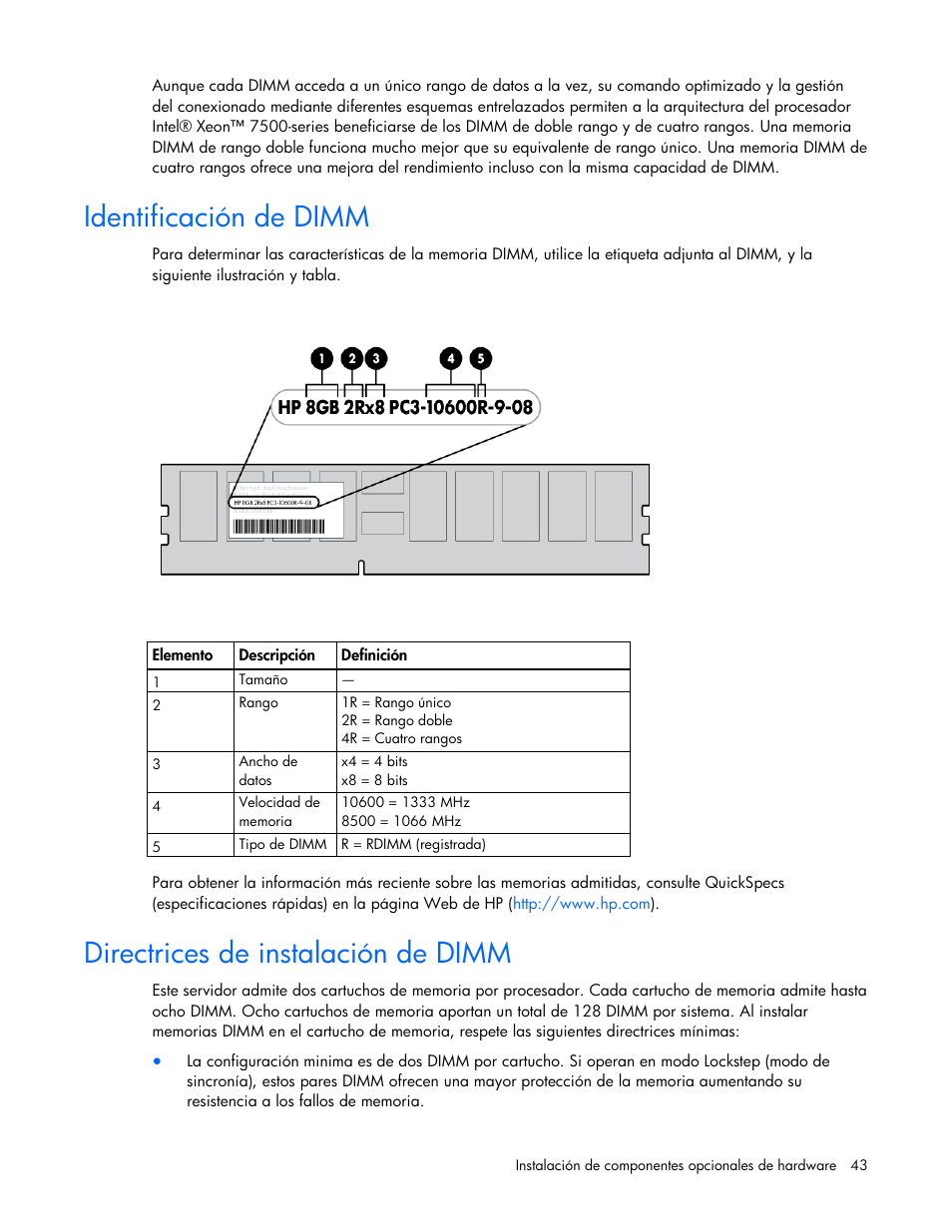 Identificación de dimm, Directrices de instalación de dimm | HP Servidor HP ProLiant DL980 G7 User Manual | Page 43 / 143
