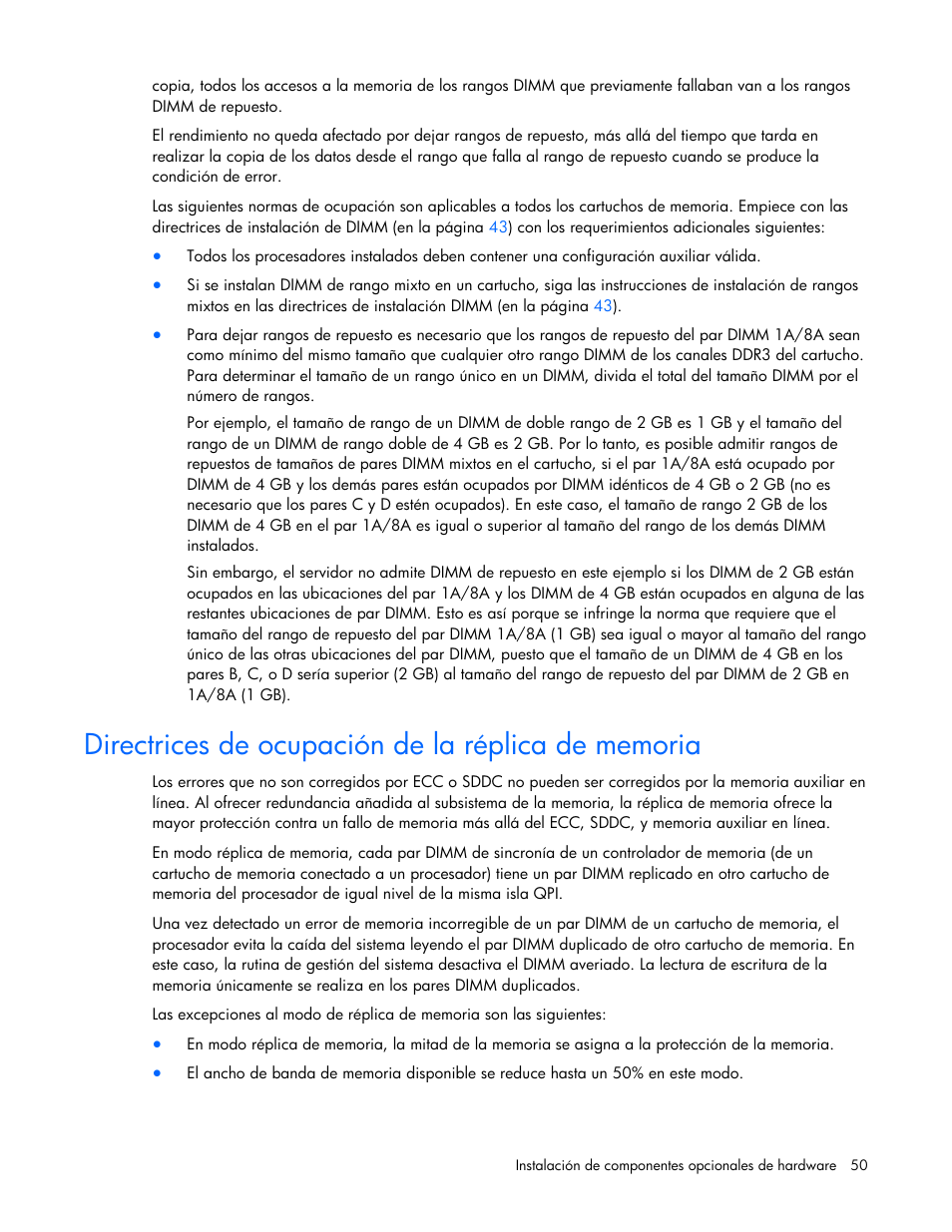 Directrices de ocupación de la réplica de memoria | HP Servidor HP ProLiant DL980 G7 User Manual | Page 50 / 143