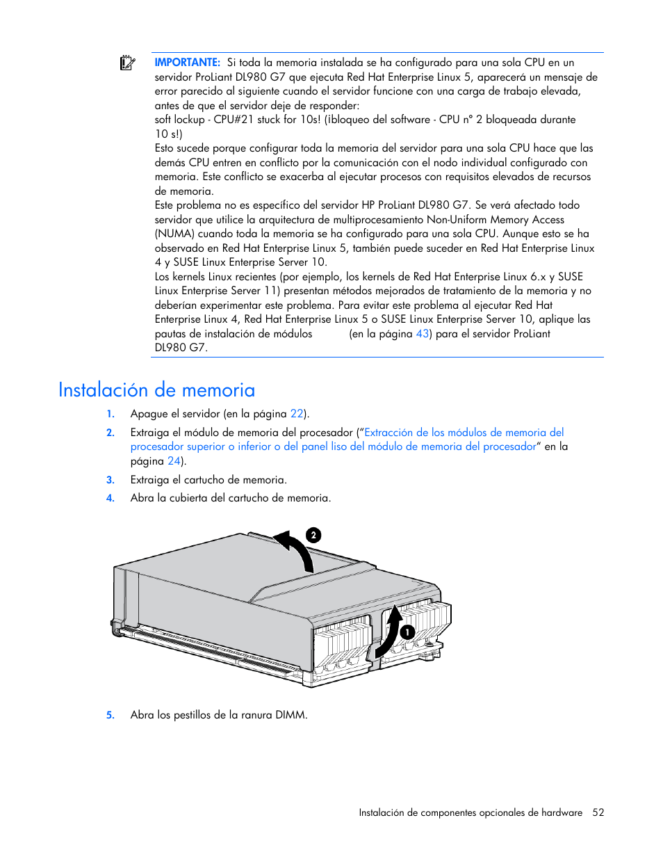 Instalación de memoria | HP Servidor HP ProLiant DL980 G7 User Manual | Page 52 / 143