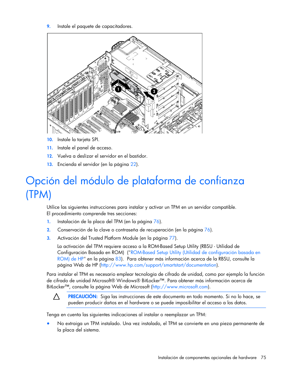 Opción del módulo de plataforma de confianza (tpm) | HP Servidor HP ProLiant DL980 G7 User Manual | Page 75 / 143