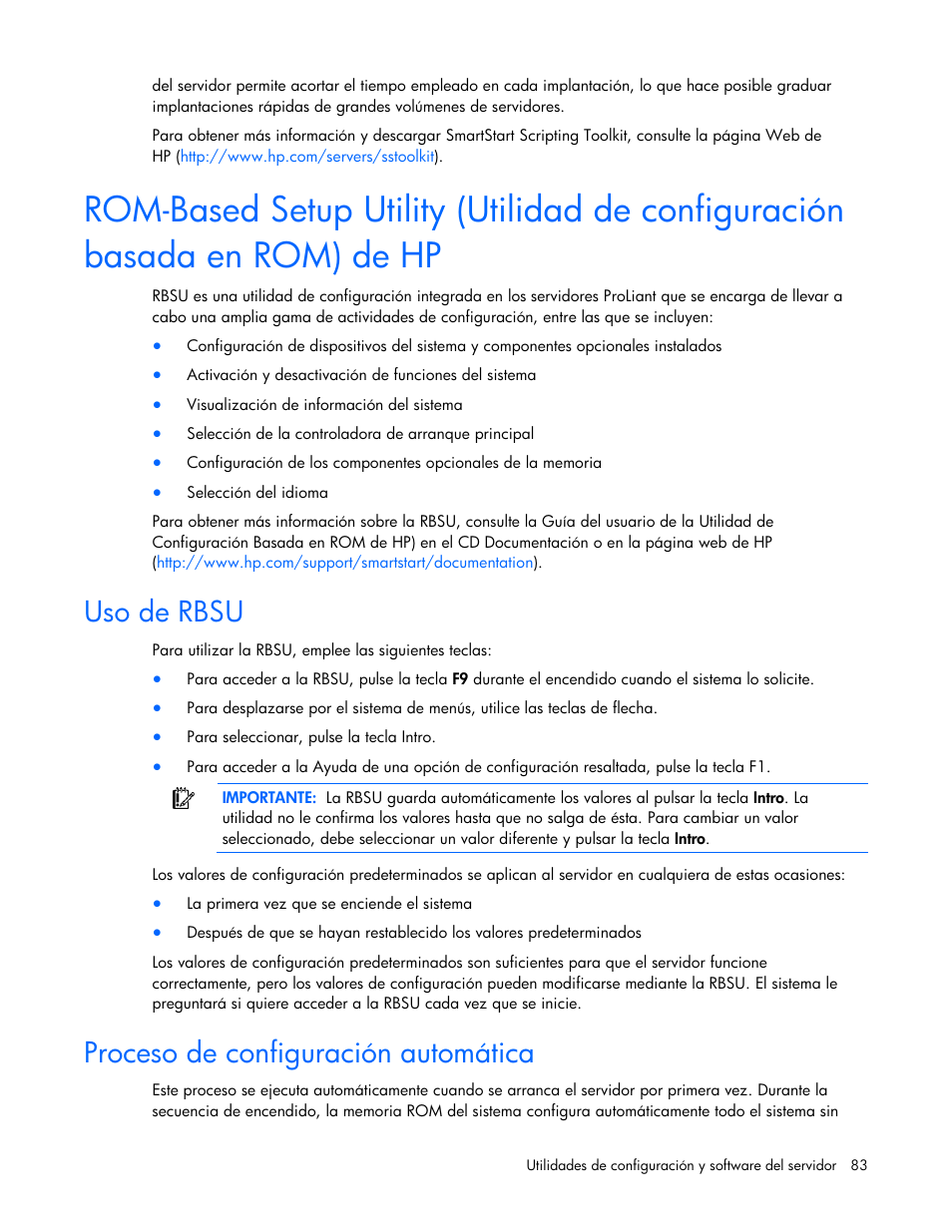 Uso de rbsu, Proceso de configuración automática, Rom) de hp | HP Servidor HP ProLiant DL980 G7 User Manual | Page 83 / 143