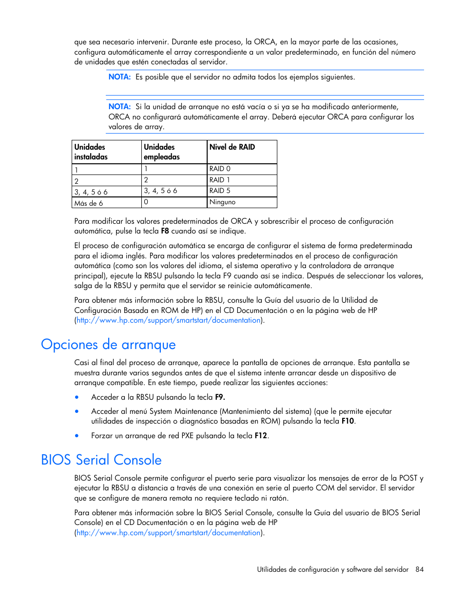Opciones de arranque, Bios serial console | HP Servidor HP ProLiant DL980 G7 User Manual | Page 84 / 143