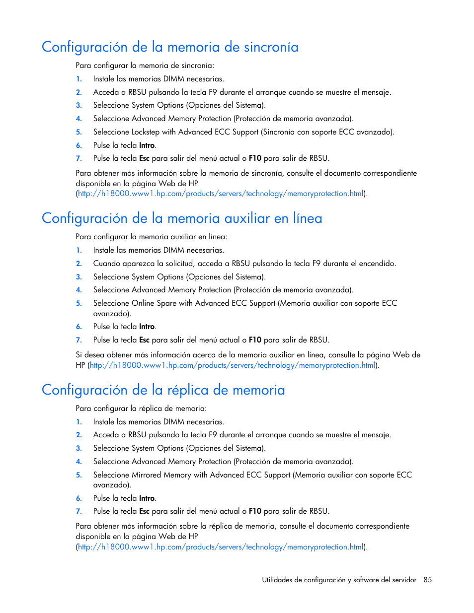Configuración de la memoria de sincronía, Configuración de la memoria auxiliar en línea, Configuración de la réplica de memoria | HP Servidor HP ProLiant DL980 G7 User Manual | Page 85 / 143