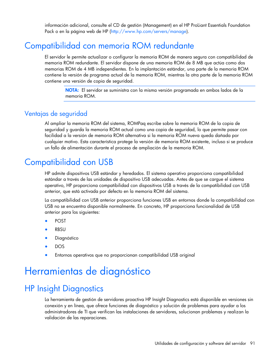 Compatibilidad con memoria rom redundante, Ventajas de seguridad, Compatibilidad con usb | Herramientas de diagnóstico, Hp insight diagnostics, Hp insight, Diagnostics | HP Servidor HP ProLiant DL980 G7 User Manual | Page 91 / 143