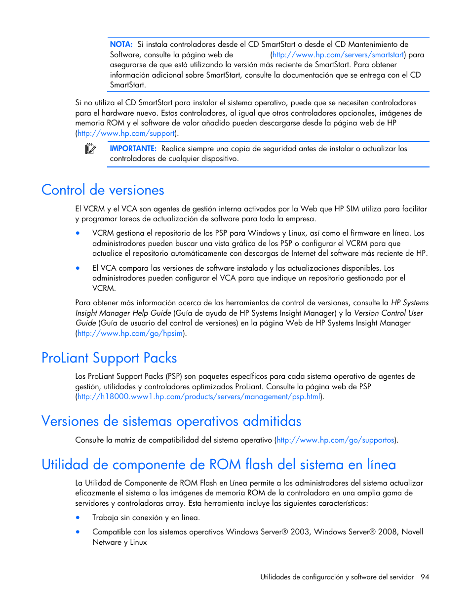 Control de versiones, Proliant support packs, Versiones de sistemas operativos admitidas | HP Servidor HP ProLiant DL980 G7 User Manual | Page 94 / 143