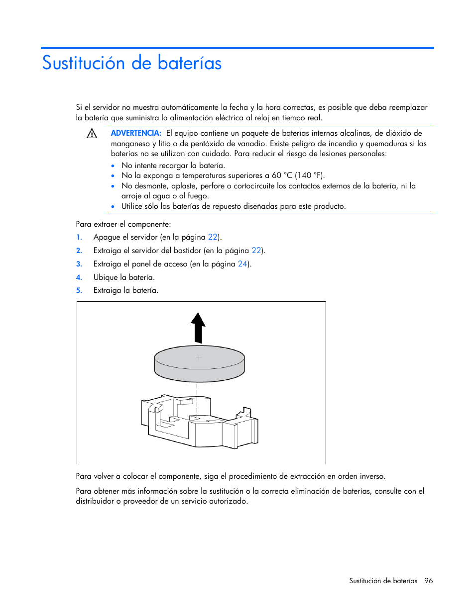 Sustitución de baterías | HP Servidor HP ProLiant DL980 G7 User Manual | Page 96 / 143