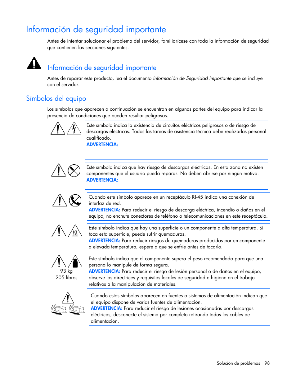 Información de seguridad importante, Símbolos del equipo | HP Servidor HP ProLiant DL980 G7 User Manual | Page 98 / 143
