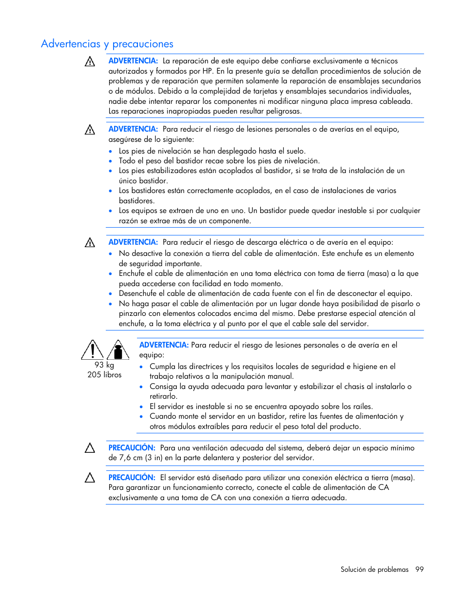 Advertencias y precauciones | HP Servidor HP ProLiant DL980 G7 User Manual | Page 99 / 143