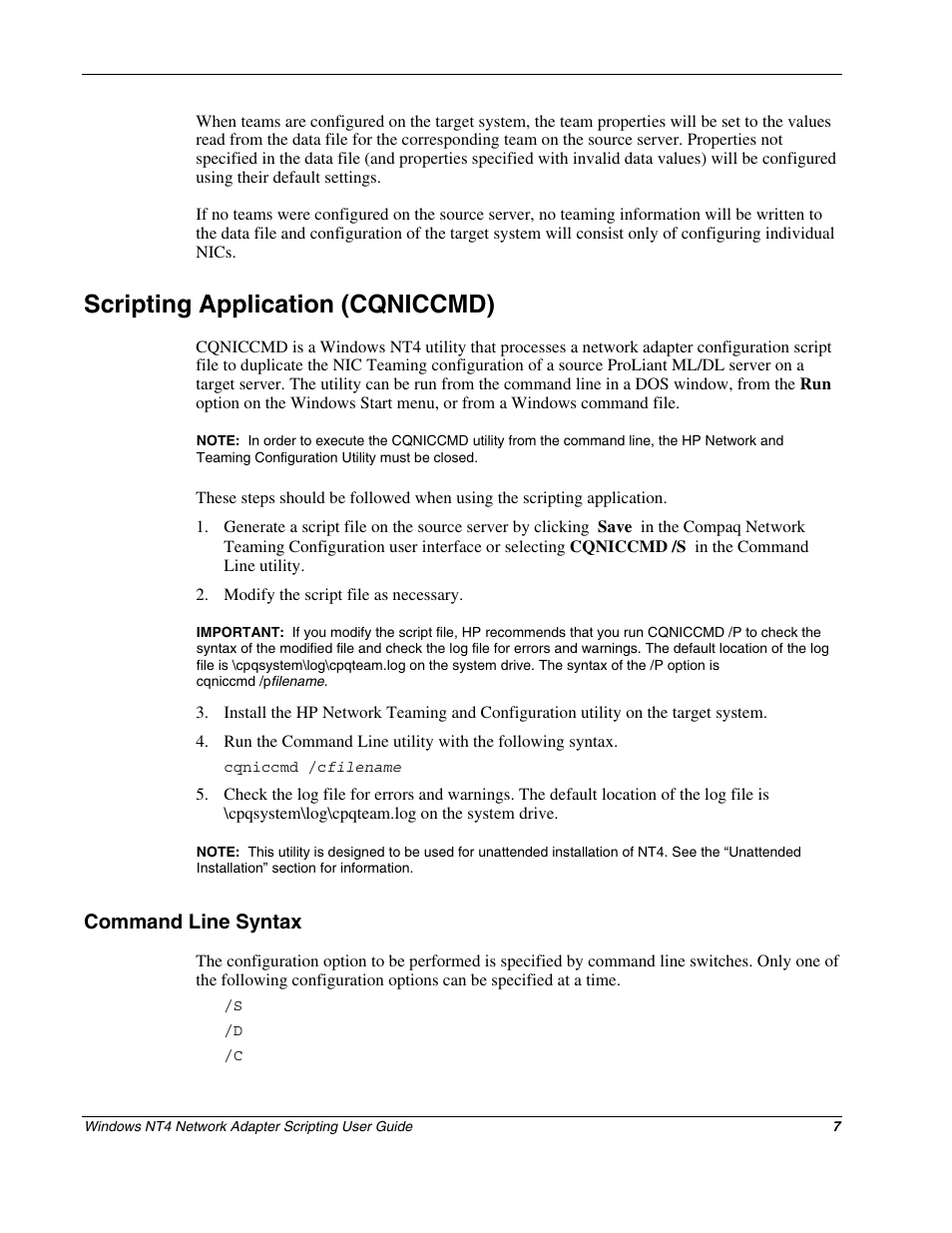Scripting application (cqniccmd), Command line syntax | HP NC3131 Fast Ethernet Server Adapter User Manual | Page 6 / 12