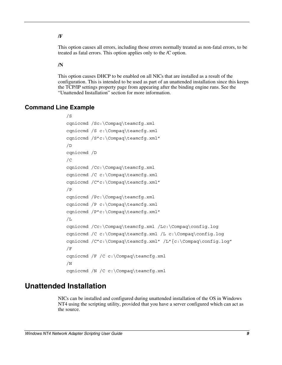 Command line example, Unattended installation | HP NC3131 Fast Ethernet Server Adapter User Manual | Page 8 / 12