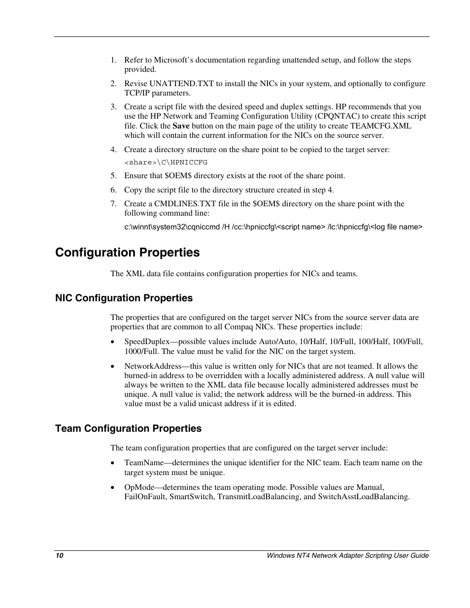 Configuration properties, Nic configuration properties, Team configuration properties | HP NC3131 Fast Ethernet Server Adapter User Manual | Page 9 / 12