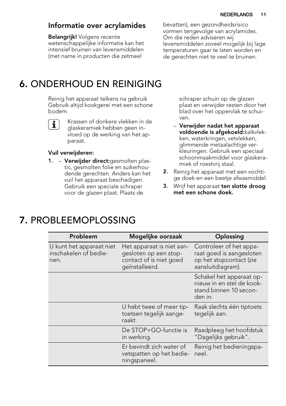 Onderhoud en reiniging, Probleemoplossing, Informatie over acrylamides | AEG HE634070XB User Manual | Page 11 / 56