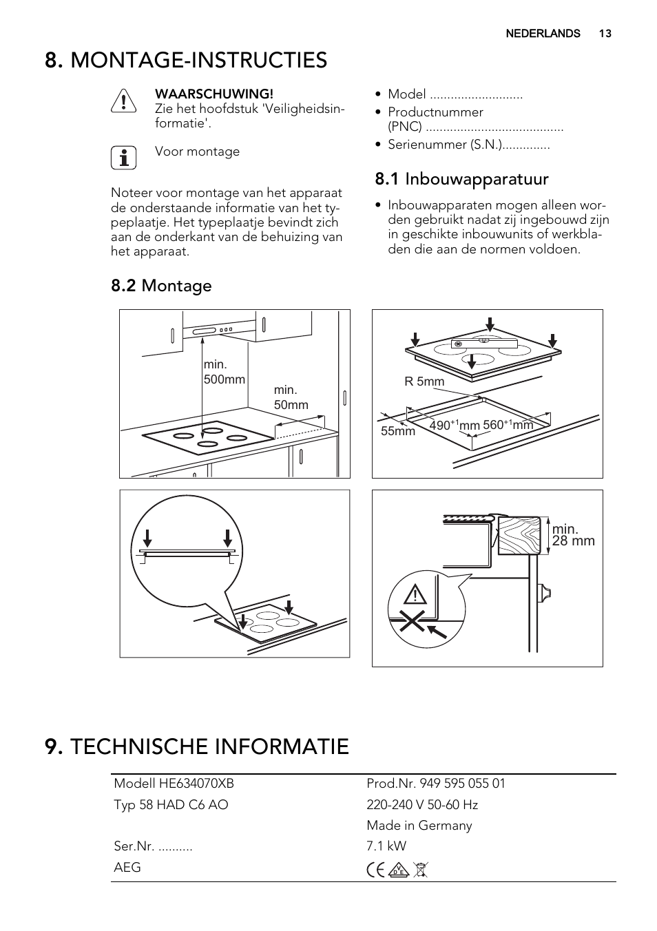 Montage-instructies, Technische informatie, 1 inbouwapparatuur | 2 montage | AEG HE634070XB User Manual | Page 13 / 56