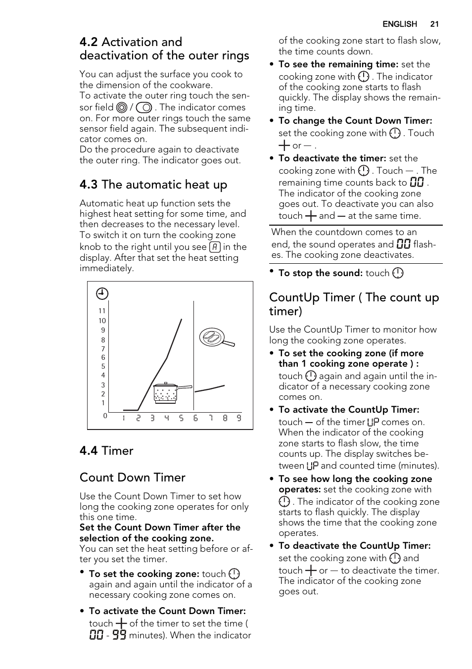 2 activation and deactivation of the outer rings, 3 the automatic heat up, 4 timer count down timer | Countup timer ( the count up timer) | AEG HE634070XB User Manual | Page 21 / 56