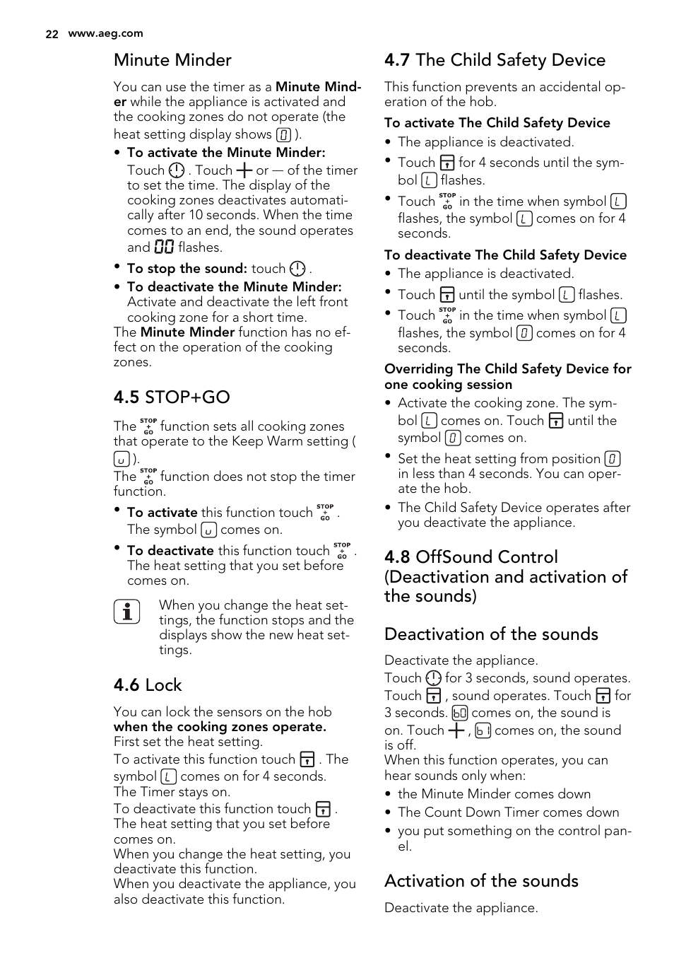 Minute minder, 5 stop+go, 6 lock | 7 the child safety device, Activation of the sounds | AEG HE634070XB User Manual | Page 22 / 56