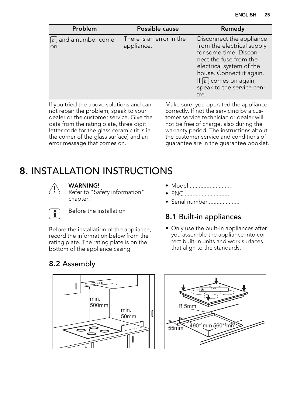 Installation instructions, 1 built-in appliances, 2 assembly | AEG HE634070XB User Manual | Page 25 / 56