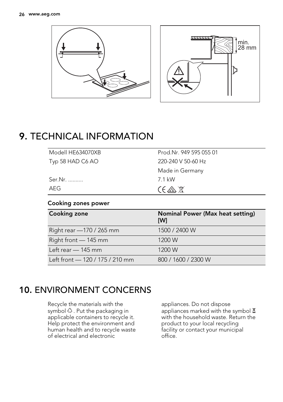 Technical information, Environment concerns | AEG HE634070XB User Manual | Page 26 / 56