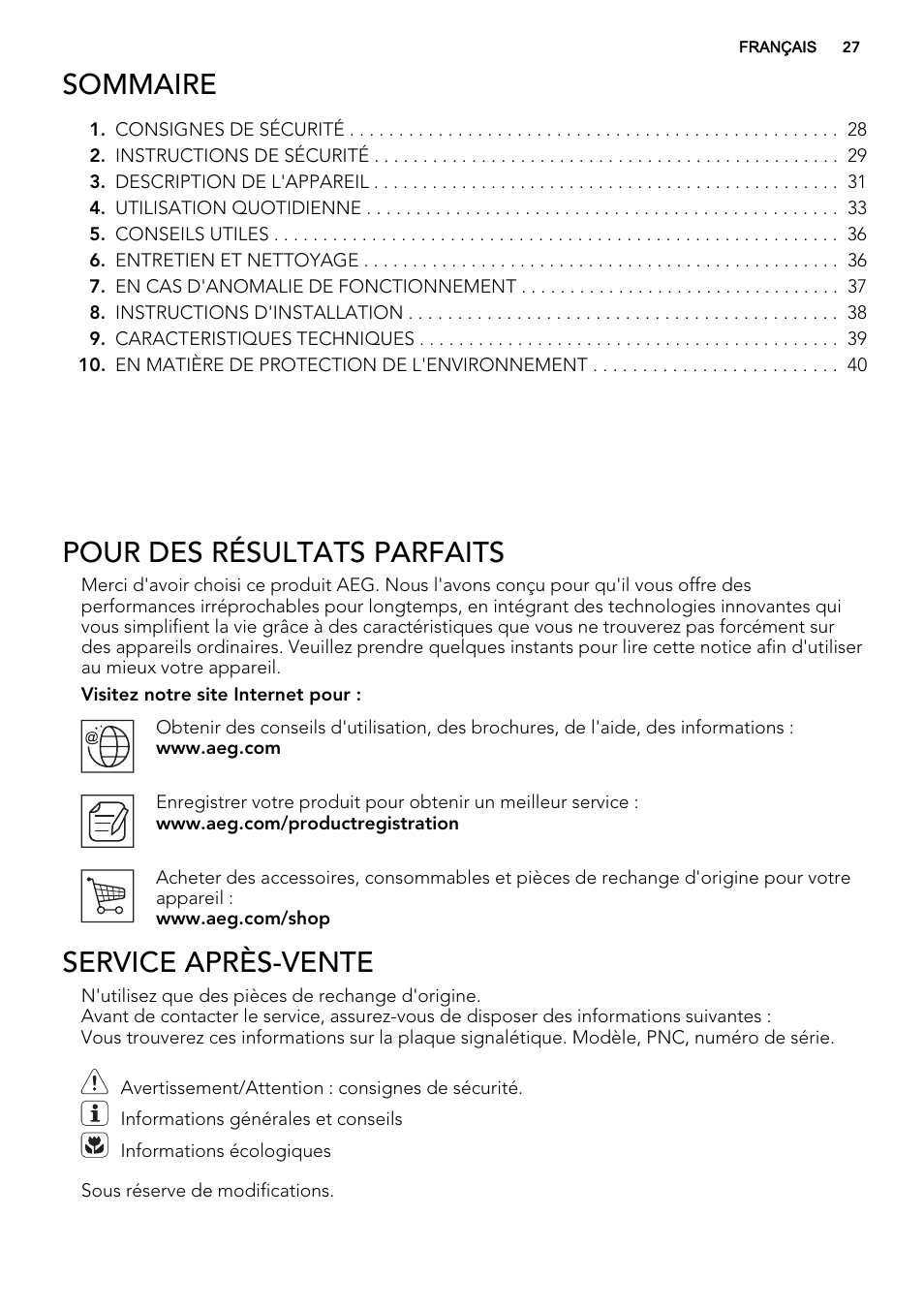 Sommaire, Pour des résultats parfaits, Service après-vente | AEG HE634070XB User Manual | Page 27 / 56