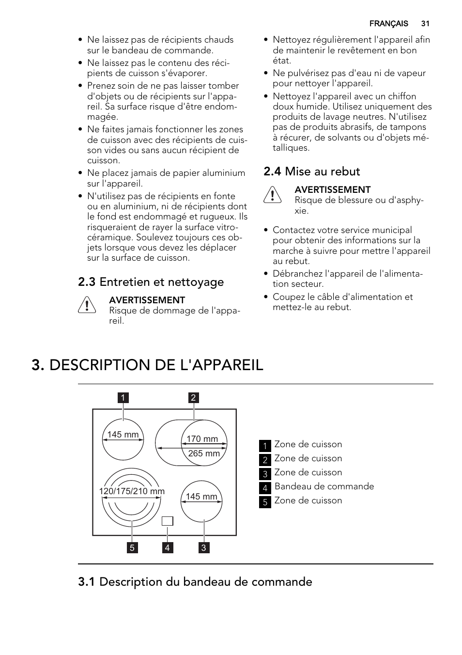 Description de l'appareil, 3 entretien et nettoyage, 4 mise au rebut | 1 description du bandeau de commande | AEG HE634070XB User Manual | Page 31 / 56