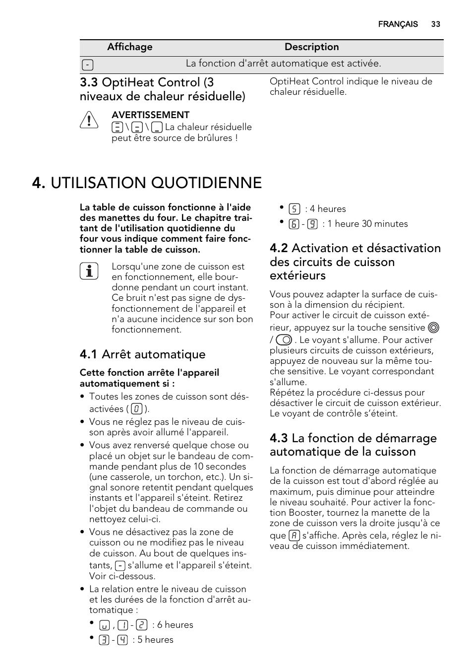 Utilisation quotidienne, 1 arrêt automatique | AEG HE634070XB User Manual | Page 33 / 56